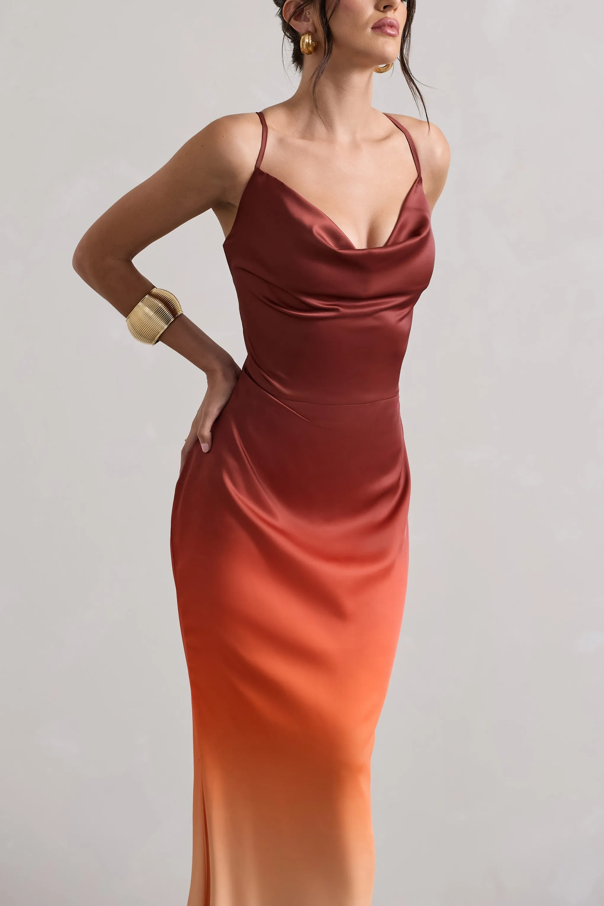 Fiji | Orange Ombre Satin Cowl-Neck Strappy Maxi Dress sold by Club L London product image thumbnail 3