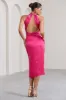 Dazzling | Fuchsia Satin Cross Over Halter Neck Midi Dress sold by Club L London