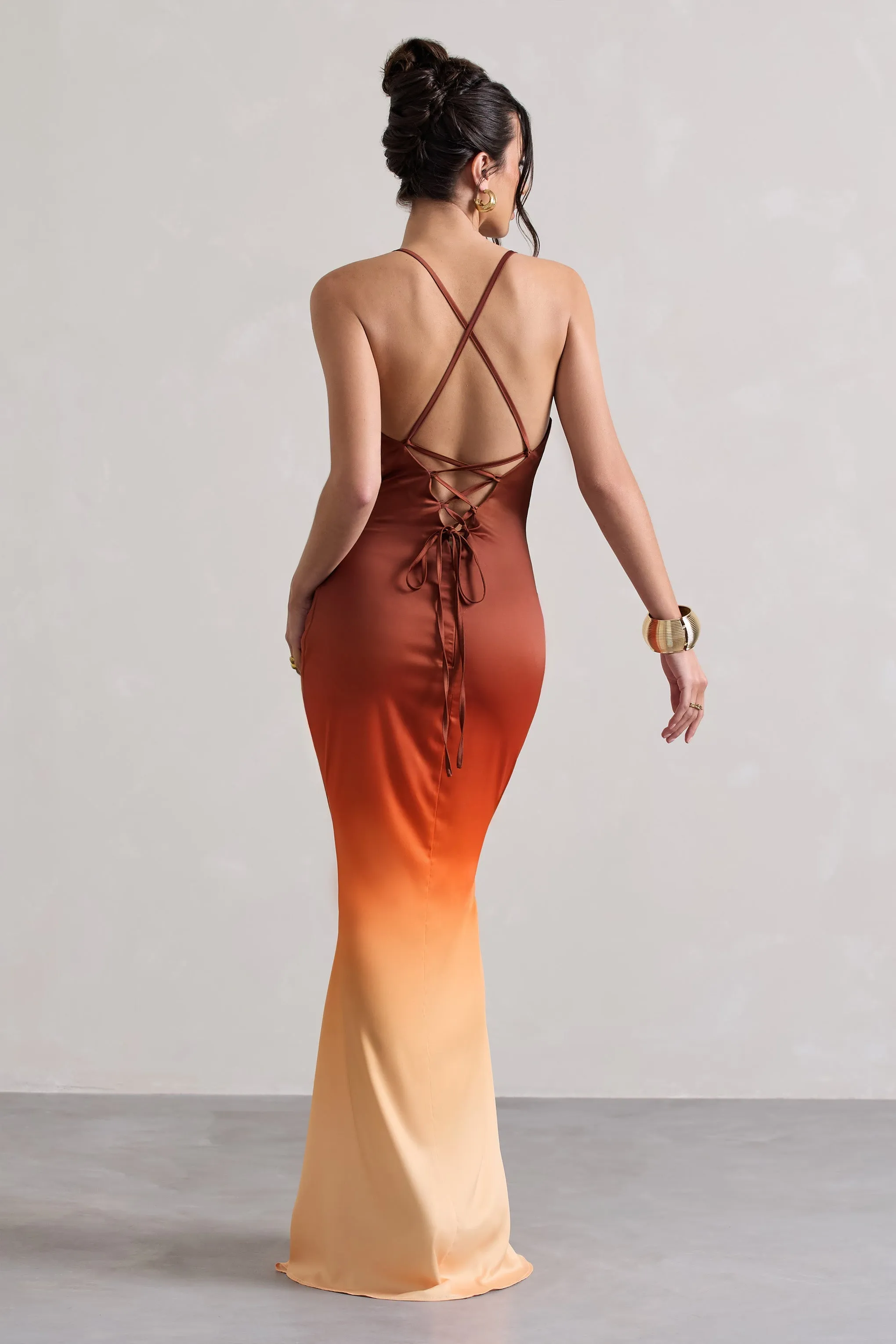 Fiji | Orange Ombre Satin Cowl-Neck Strappy Maxi Dress sold by Club L London product image thumbnail 2