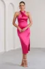 Dazzling | Fuchsia Satin Cross Over Halter Neck Midi Dress sold by Club L London