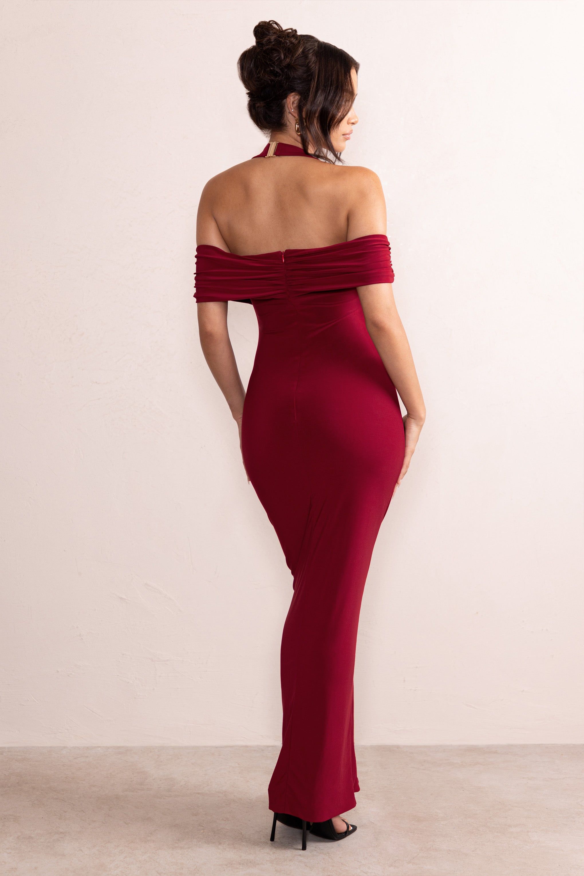 Anisa | Burgundy Halter Neck Bardot Maxi Dress With Thigh Split sold by Club L London product image thumbnail 2