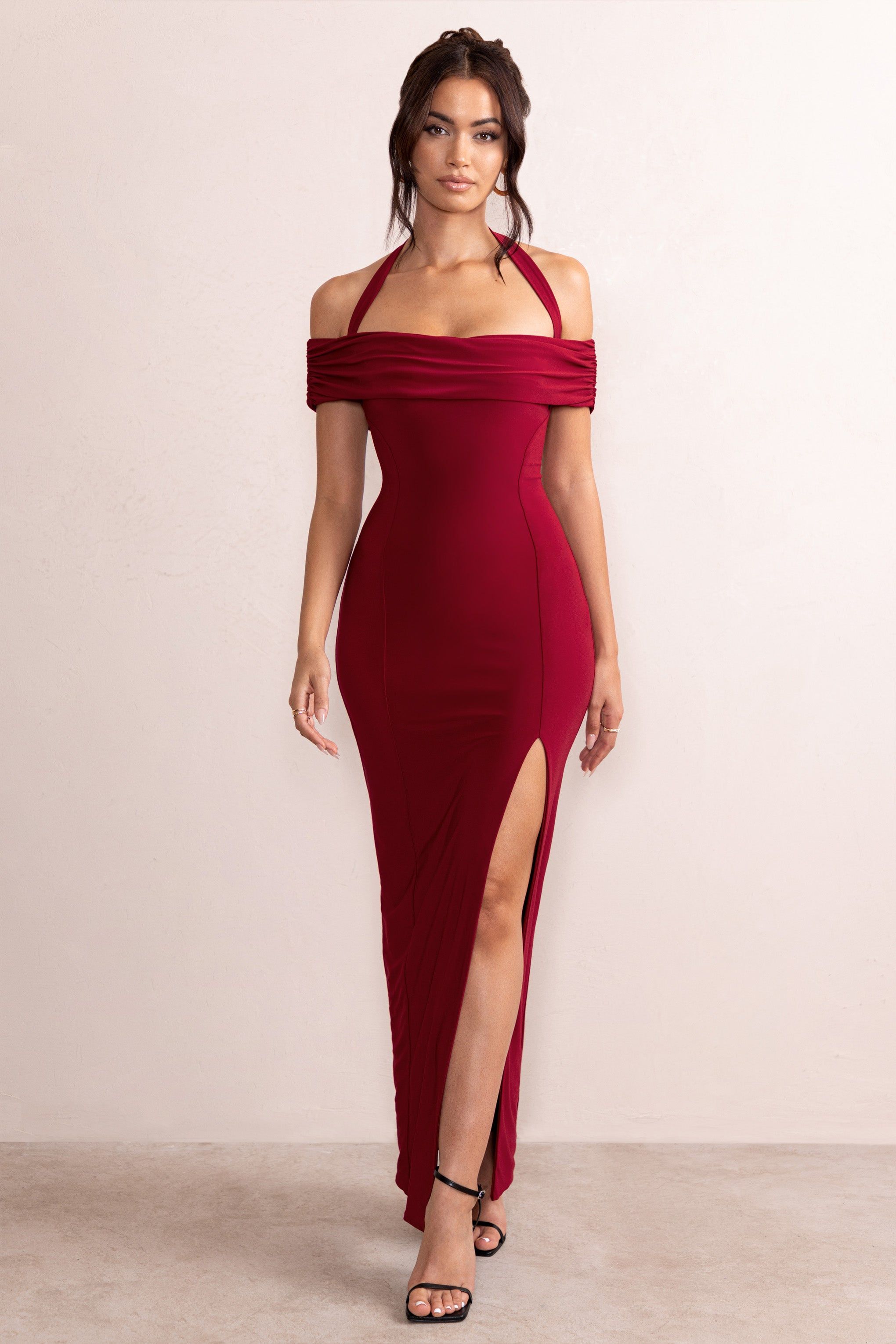 Anisa | Burgundy Halter Neck Bardot Maxi Dress With Thigh Split sold by Club L London