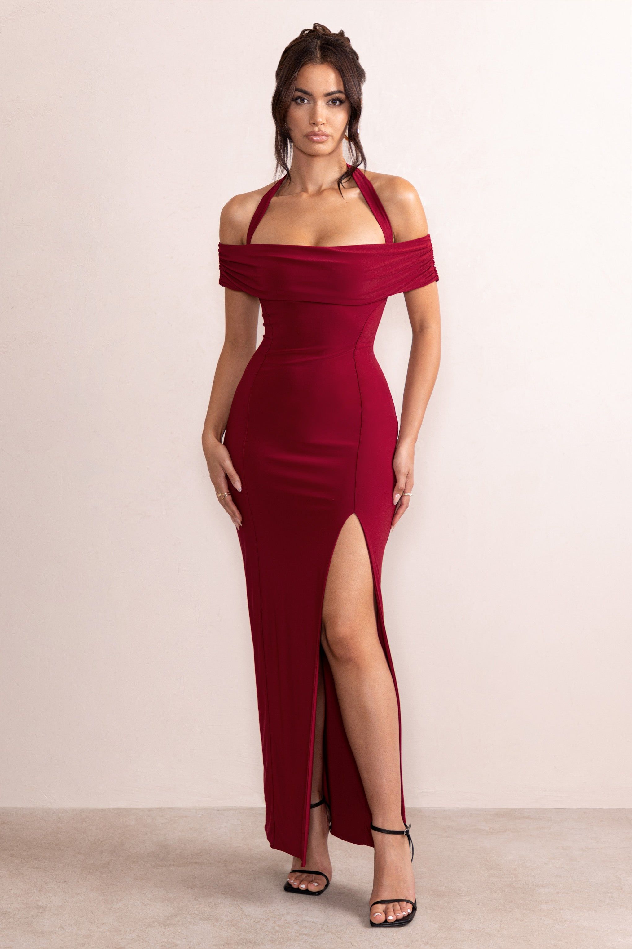 Anisa | Burgundy Halter Neck Bardot Maxi Dress With Thigh Split sold by Club L London product image thumbnail 4