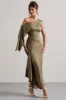 Freesia | Olive Satin Asymmetric Draped Split Maxi Dress sold by Club L London