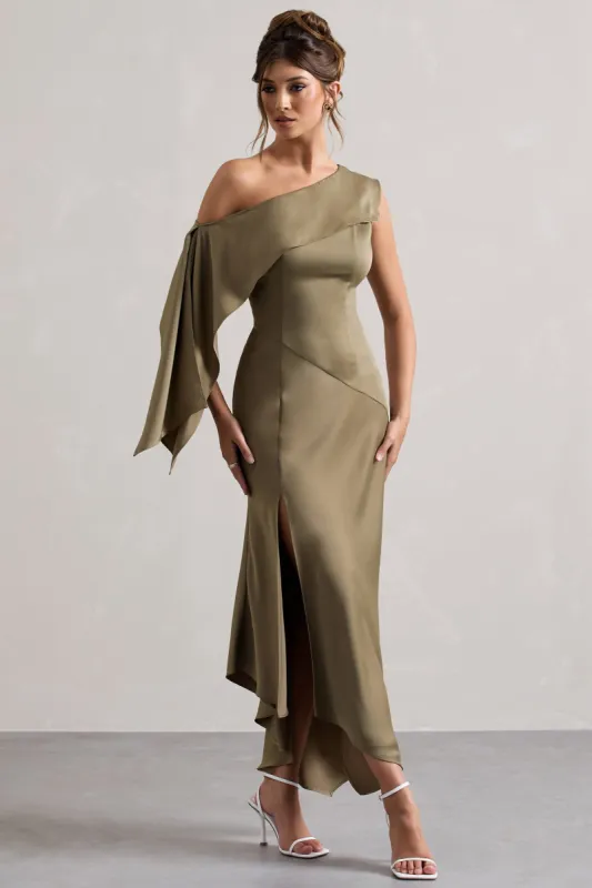 Freesia | Olive Satin Asymmetric Draped Split Maxi Dress sold by Club L London