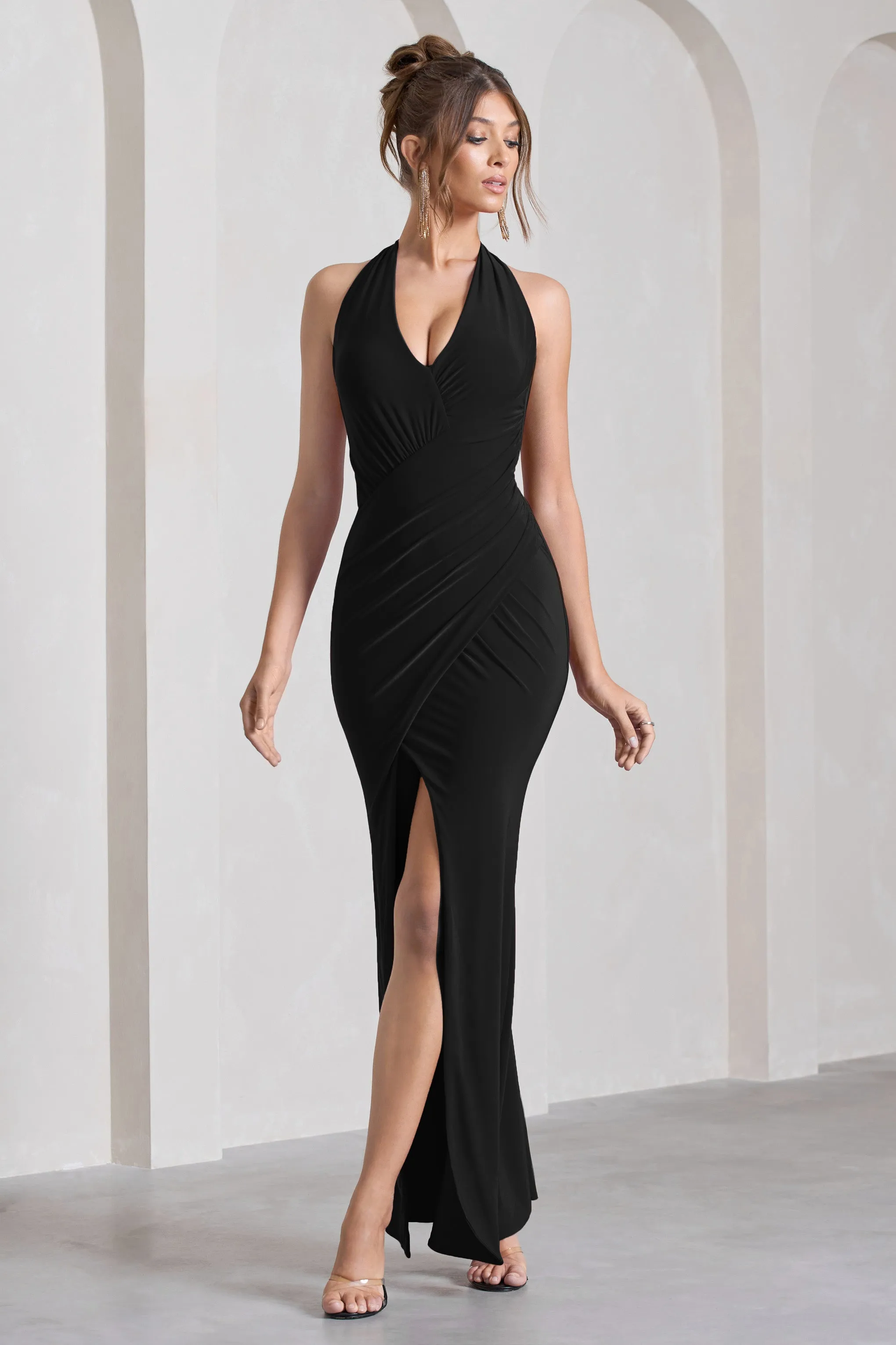 Leonie | Black Halter-Neck Split Maxi Dress With Wrap Detail sold by Club L London product image thumbnail 4