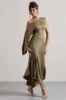 Freesia | Olive Satin Asymmetric Draped Split Maxi Dress sold by Club L London