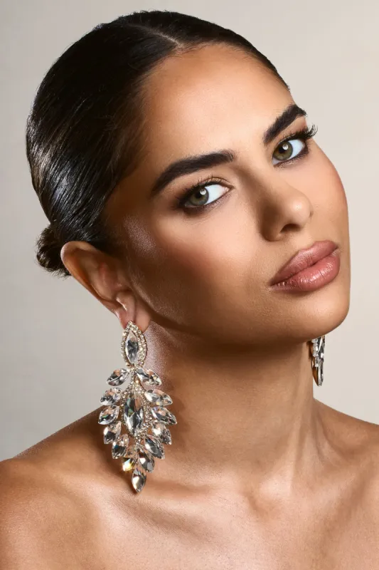 Kingston | Gold Diamante Statement Drop Earrings sold by Club L London