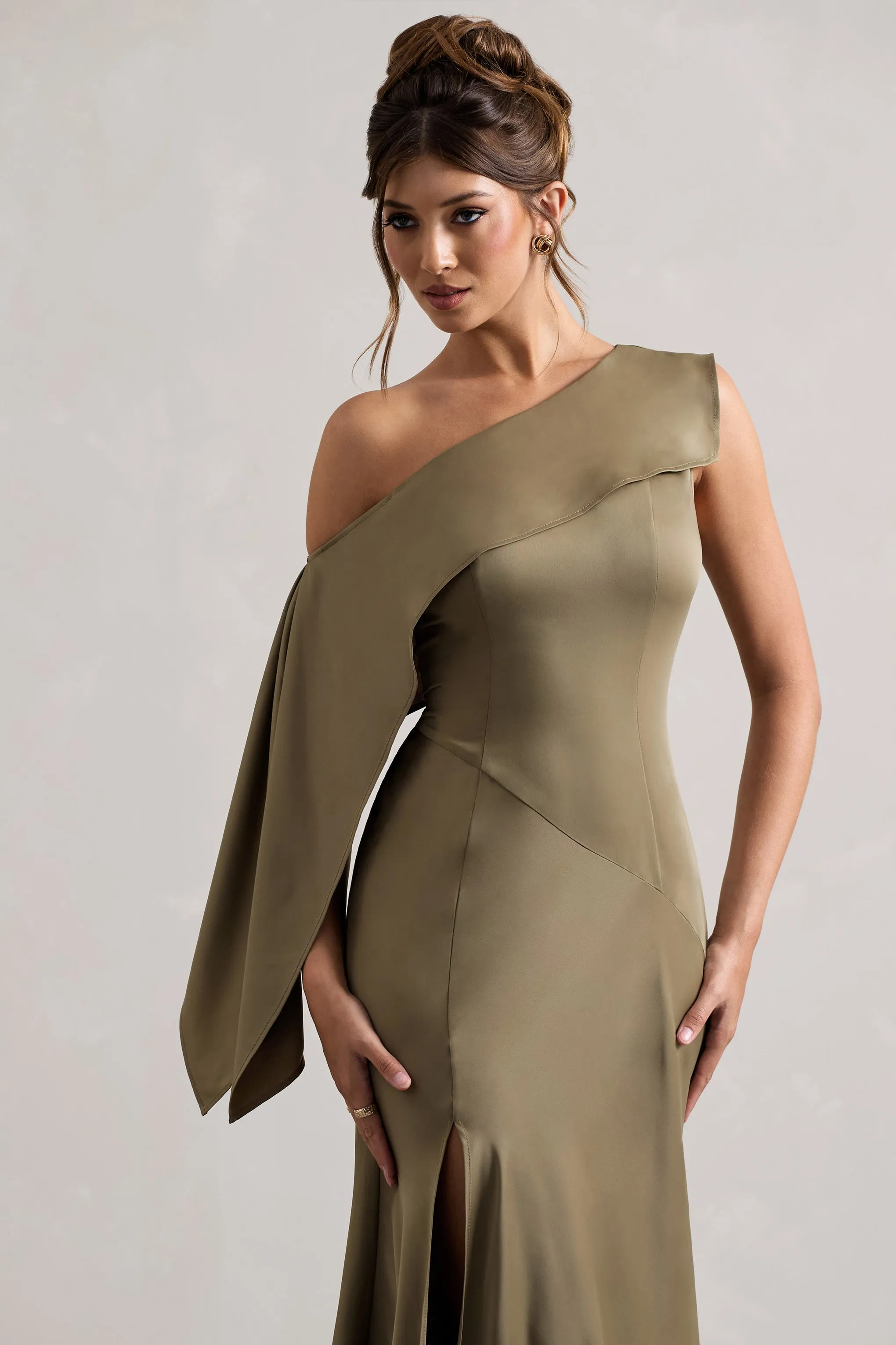 Freesia | Olive Satin Asymmetric Draped Split Maxi Dress | Parallel