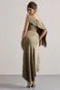 Freesia | Olive Satin Asymmetric Draped Split Maxi Dress sold by Club L London