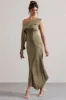 Freesia | Olive Satin Asymmetric Draped Split Maxi Dress sold by Club L London