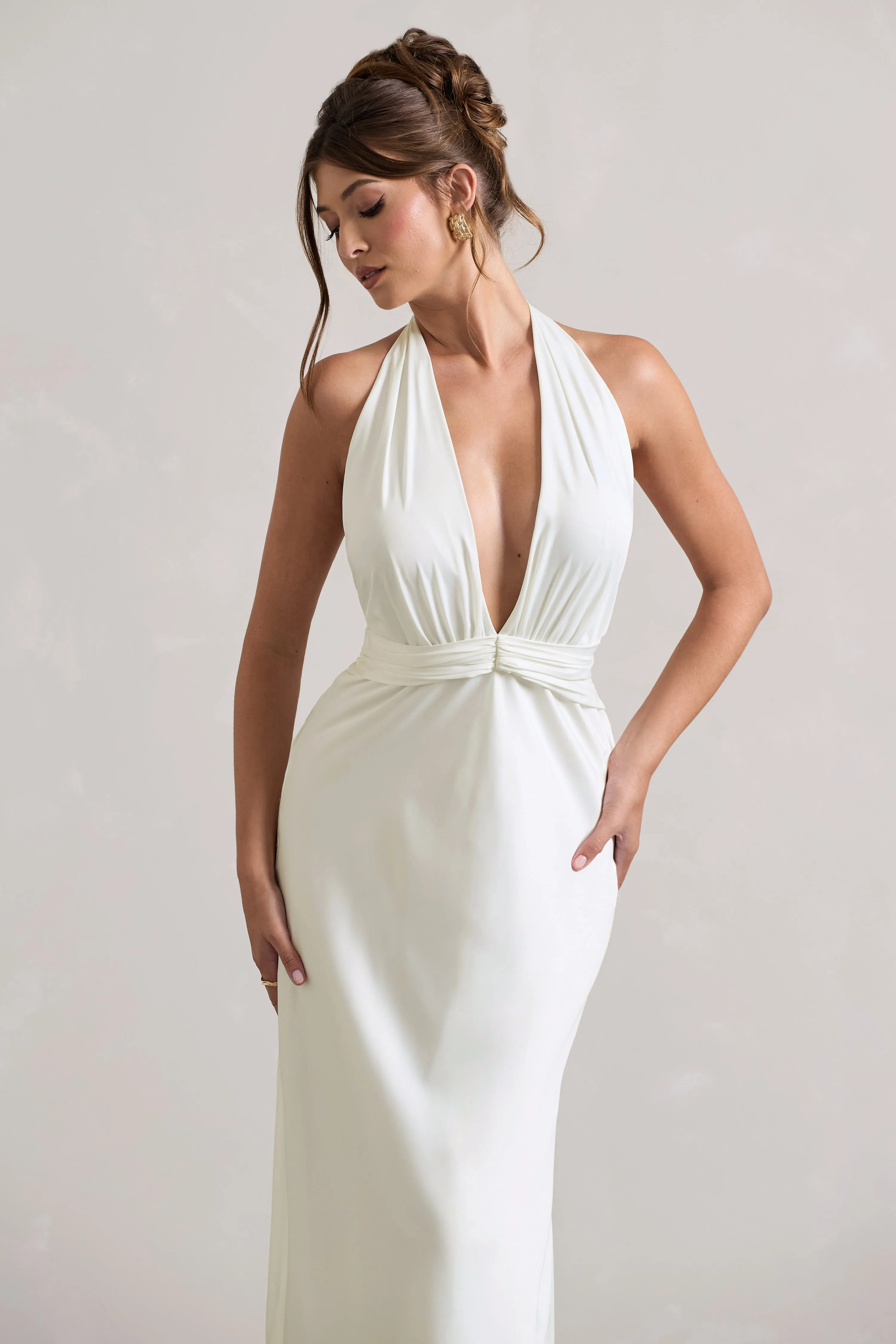 Carolyn | Ivory Satin Plunge Maxi Dress With Dipped Hem sold by Club L London product image thumbnail 3