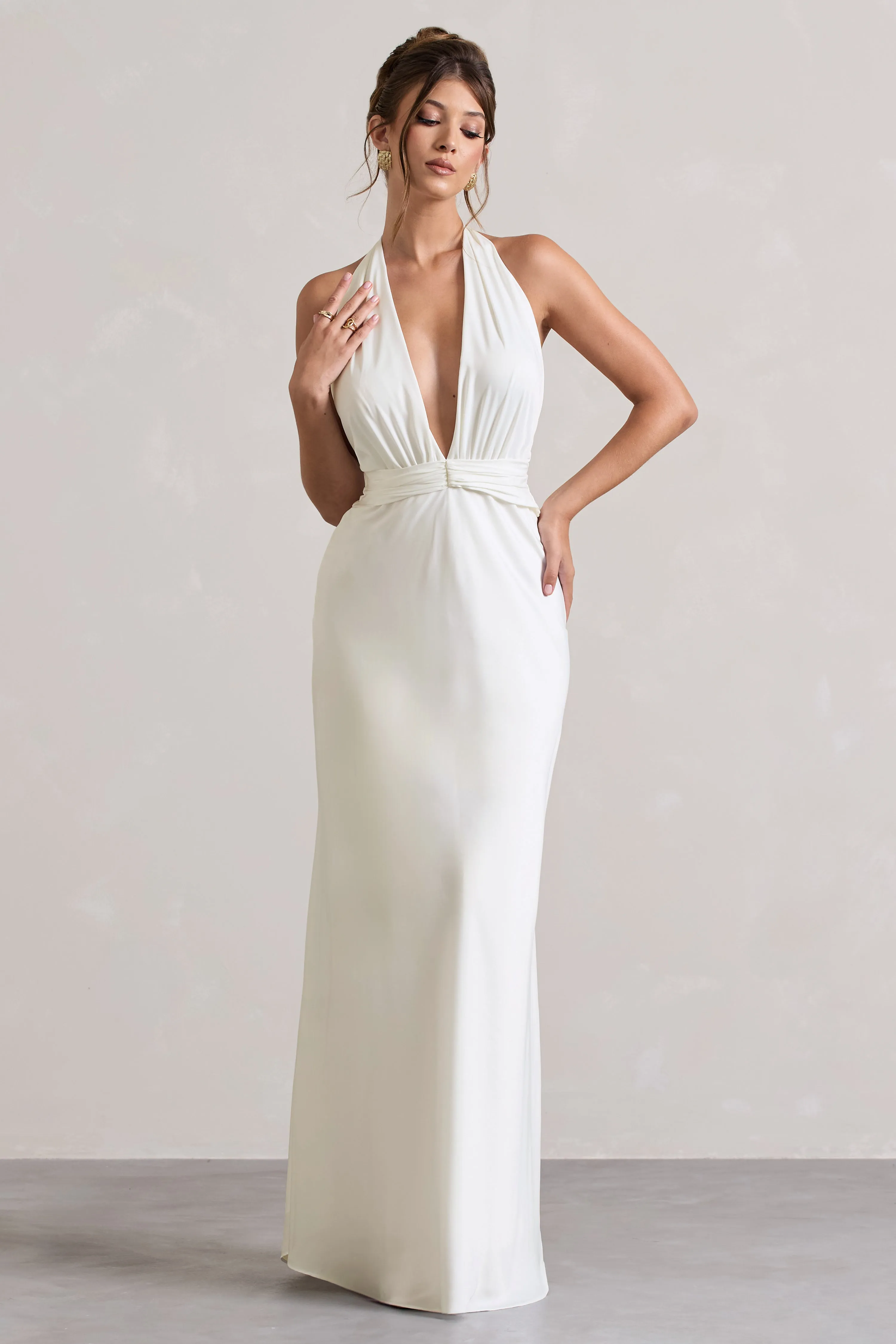 Carolyn | Ivory Satin Plunge Maxi Dress With Dipped Hem sold by Club L London product image thumbnail 4