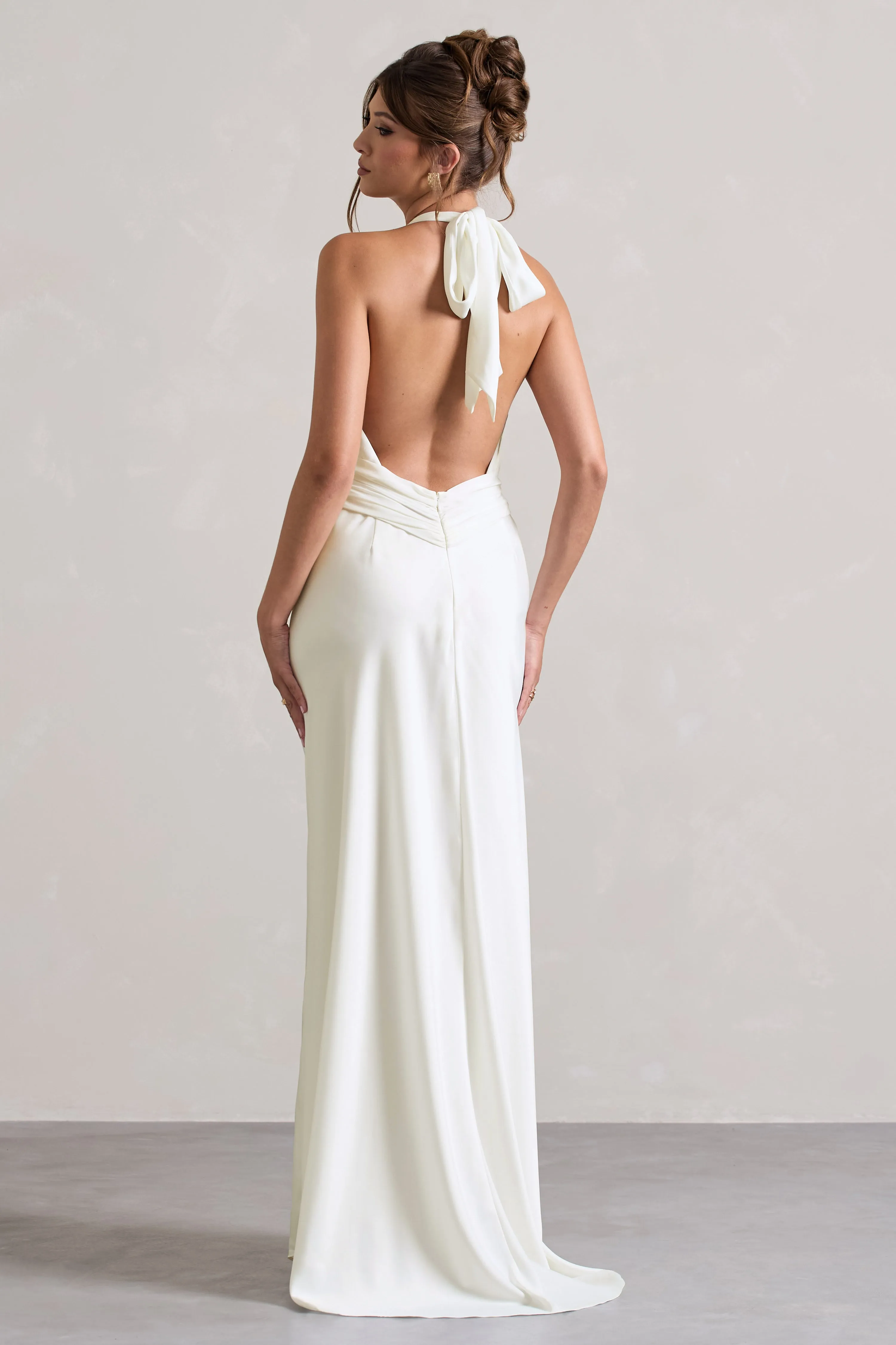 Carolyn | Ivory Satin Plunge Maxi Dress With Dipped Hem sold by Club L London product image thumbnail 2