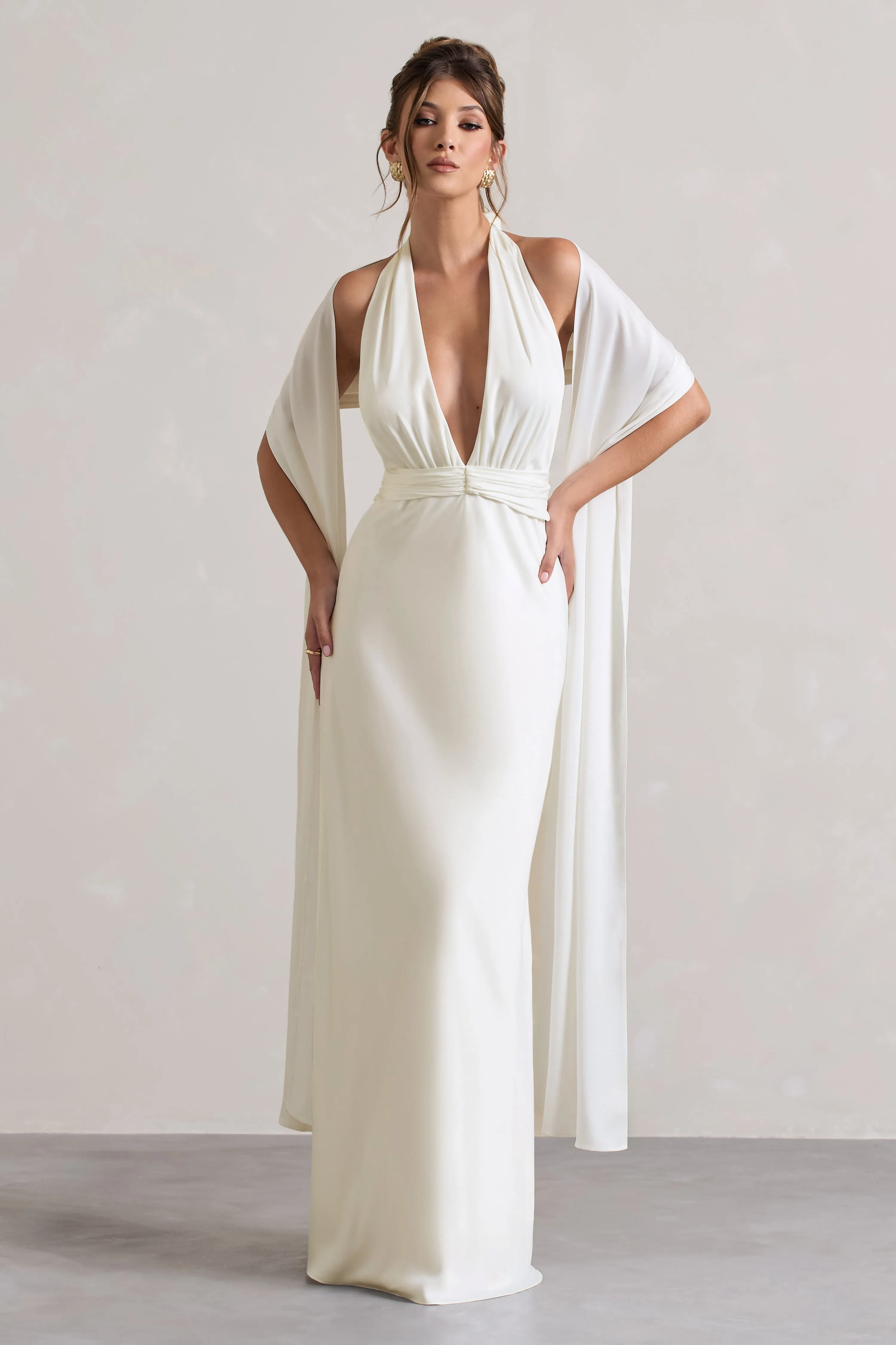 Carolyn | Ivory Satin Plunge Maxi Dress With Dipped Hem sold by Club L London product image thumbnail 5