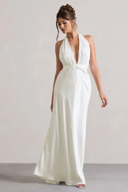 Carolyn | Ivory Satin Plunge Maxi Dress With Dipped Hem sold by Club L London