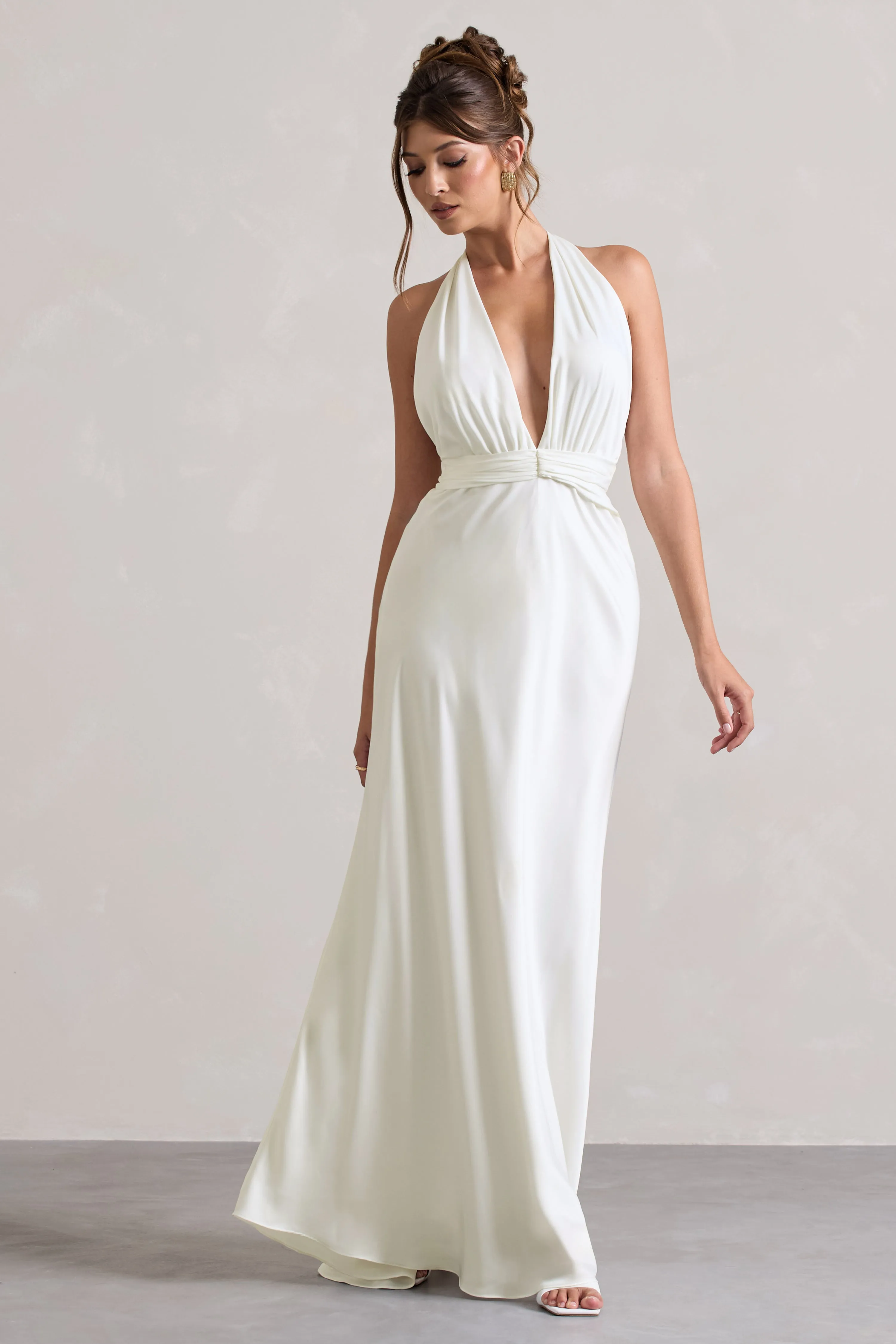 Carolyn | Ivory Satin Plunge Maxi Dress With Dipped Hem sold by Club L London