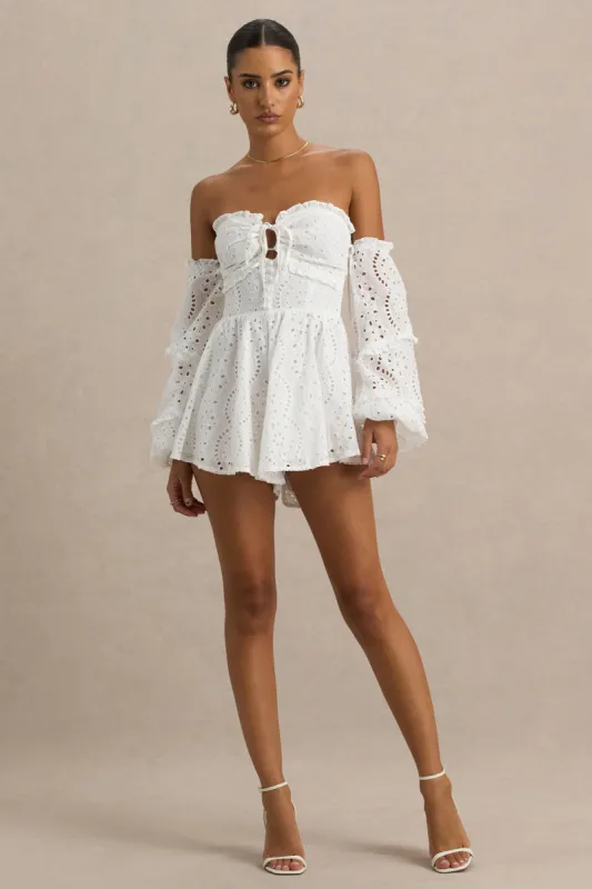 Mariella | White Broderie Bardot Ruffled Playsuit sold by Club L London