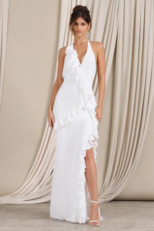 Morning | White Halter-Neck Split Maxi Dress sold by Club L London