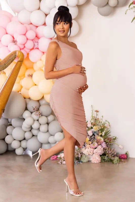 Redefined | Blush Maternity Ruched One Shoulder Midi Dress sold by Club L London