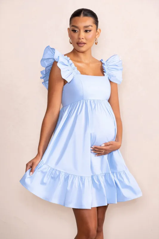 Dolly Daze | Powder Blue Ruffle Sleeve Babydoll Maternity Mini Dress sold by Club L London