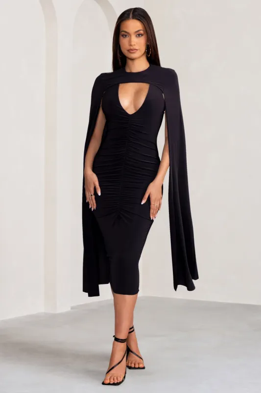 Myla | Black V-Neck Ruched Midi Dress with Cape Overlay sold by Club L London