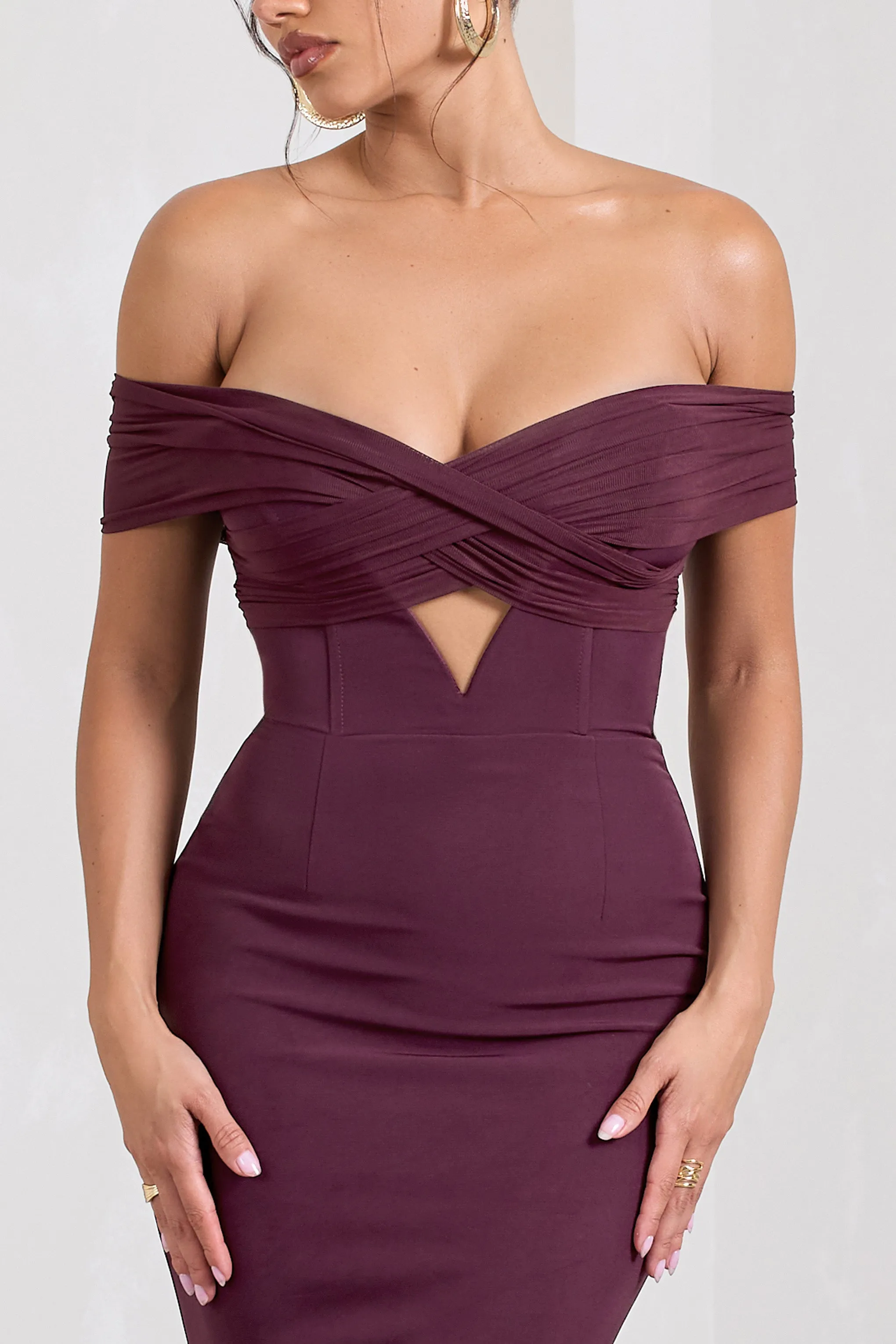 Inspiration | Burgundy Sheer Bardot Fishtail Maxi Dress sold by Club L London product image thumbnail 3