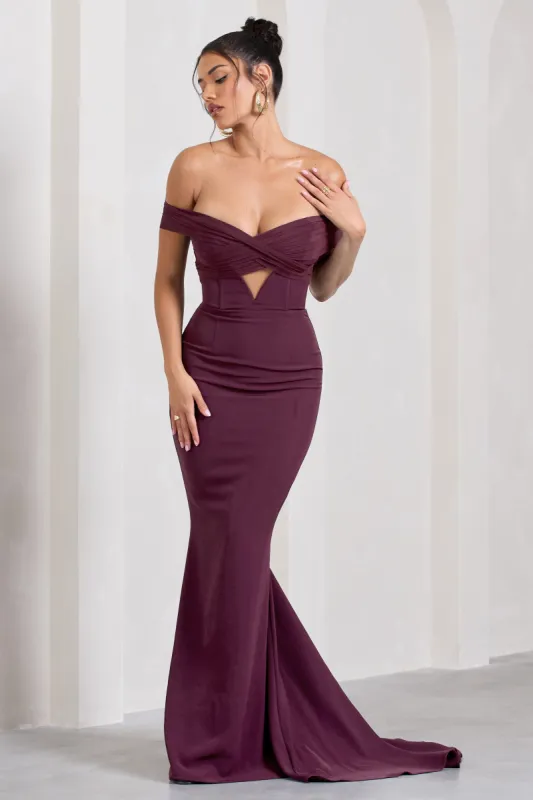 Inspiration | Burgundy Sheer Bardot Fishtail Maxi Dress sold by Club L London