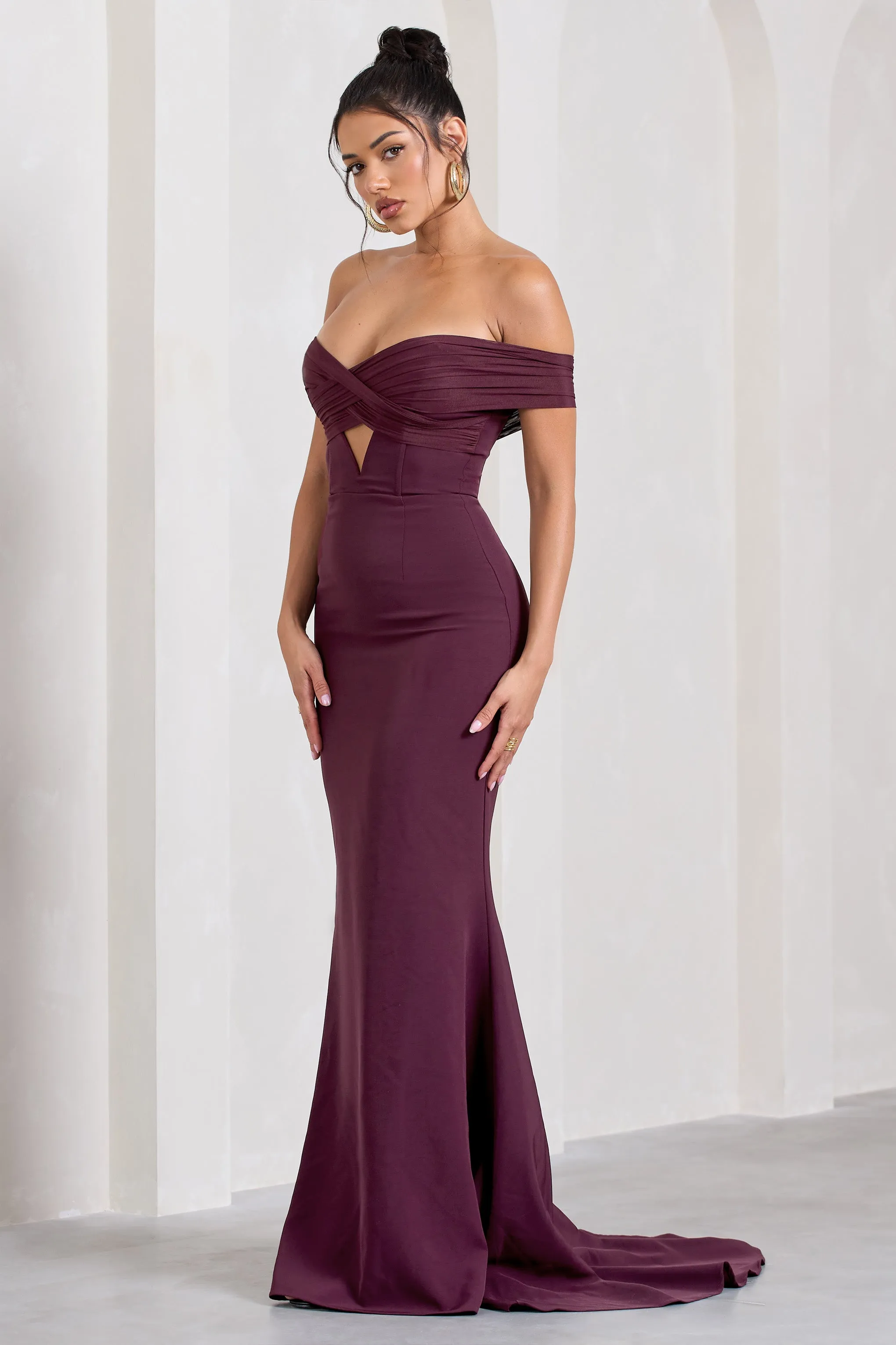 Inspiration | Burgundy Sheer Bardot Fishtail Maxi Dress sold by Club L London product image thumbnail 5