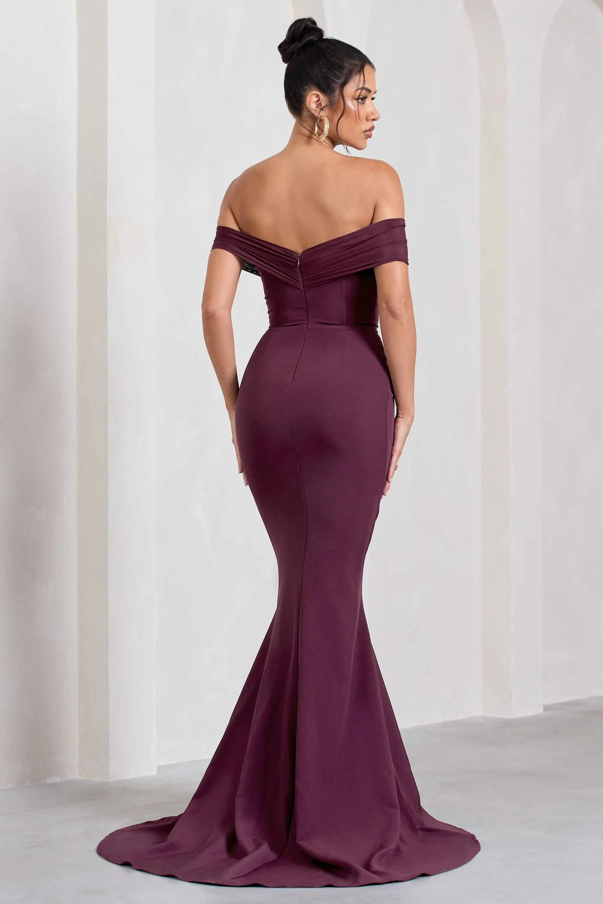 Inspiration | Burgundy Sheer Bardot Fishtail Maxi Dress sold by Club L London product image thumbnail 2