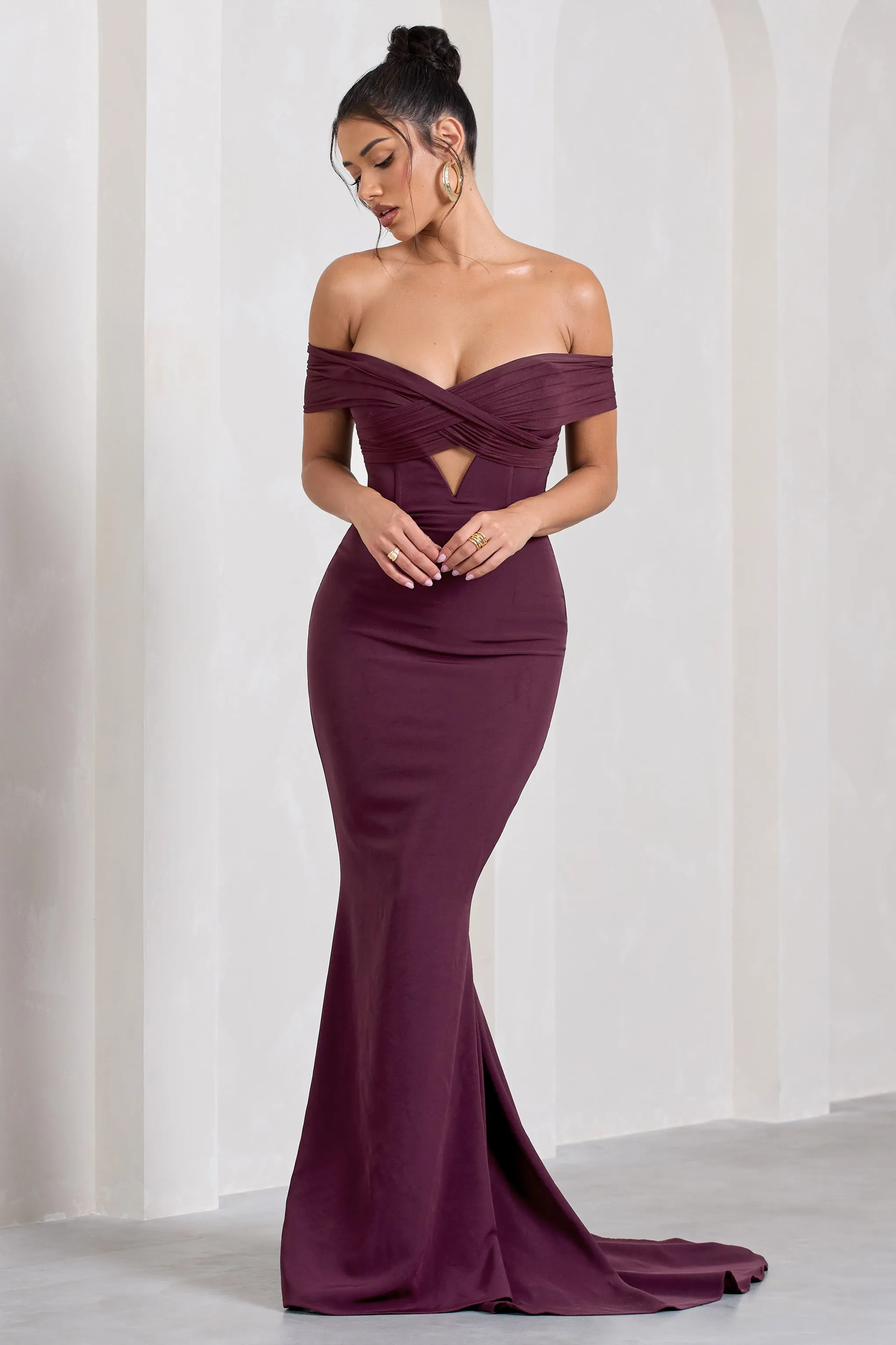 Inspiration | Burgundy Sheer Bardot Fishtail Maxi Dress sold by Club L London product image thumbnail 4