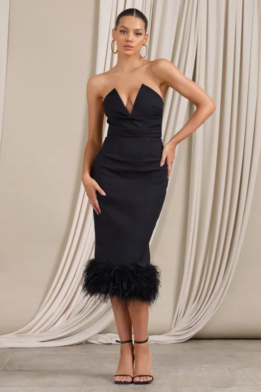 Kensington | Black Bodycon Midi Dress With Statement Feather Trim sold by Club L London