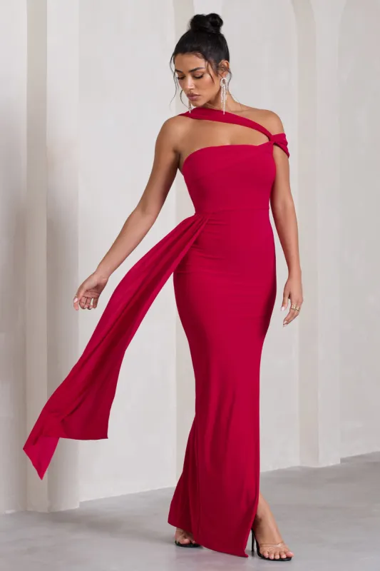 To The Max | Red Strappy Asymmetric Split Maxi Dress With Drape sold by Club L London