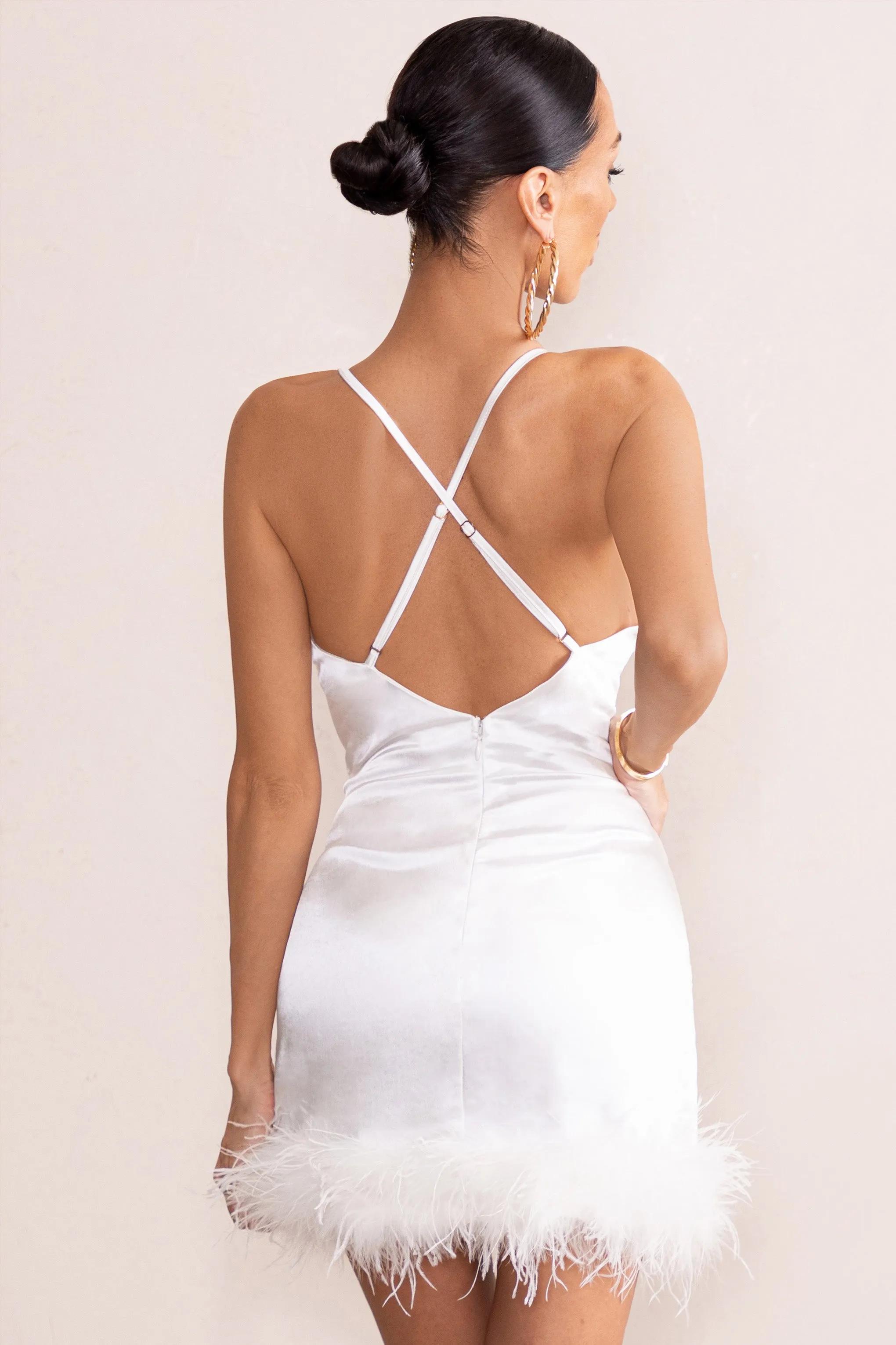 Members Only | White Satin Feather Trim Mini Dress sold by Club L London product image thumbnail 2
