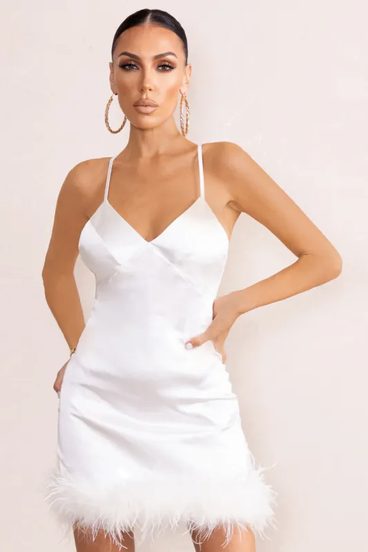 Members Only | White Satin Feather Trim Mini Dress sold by Club L London