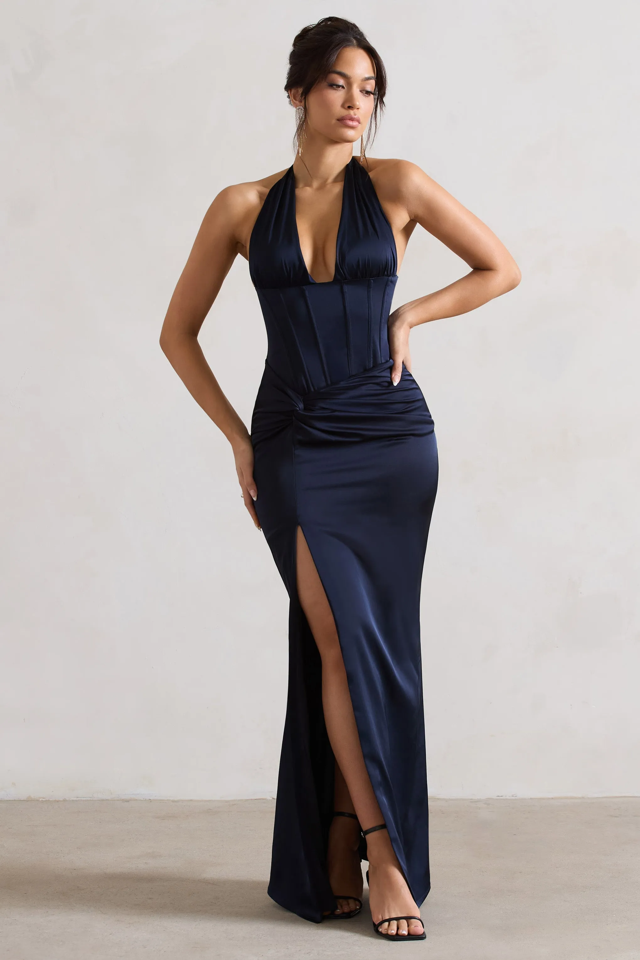 Sacha | Navy Satin Corset Style Maxi Dress With Wrap Skirt sold by Club L London product image thumbnail 4