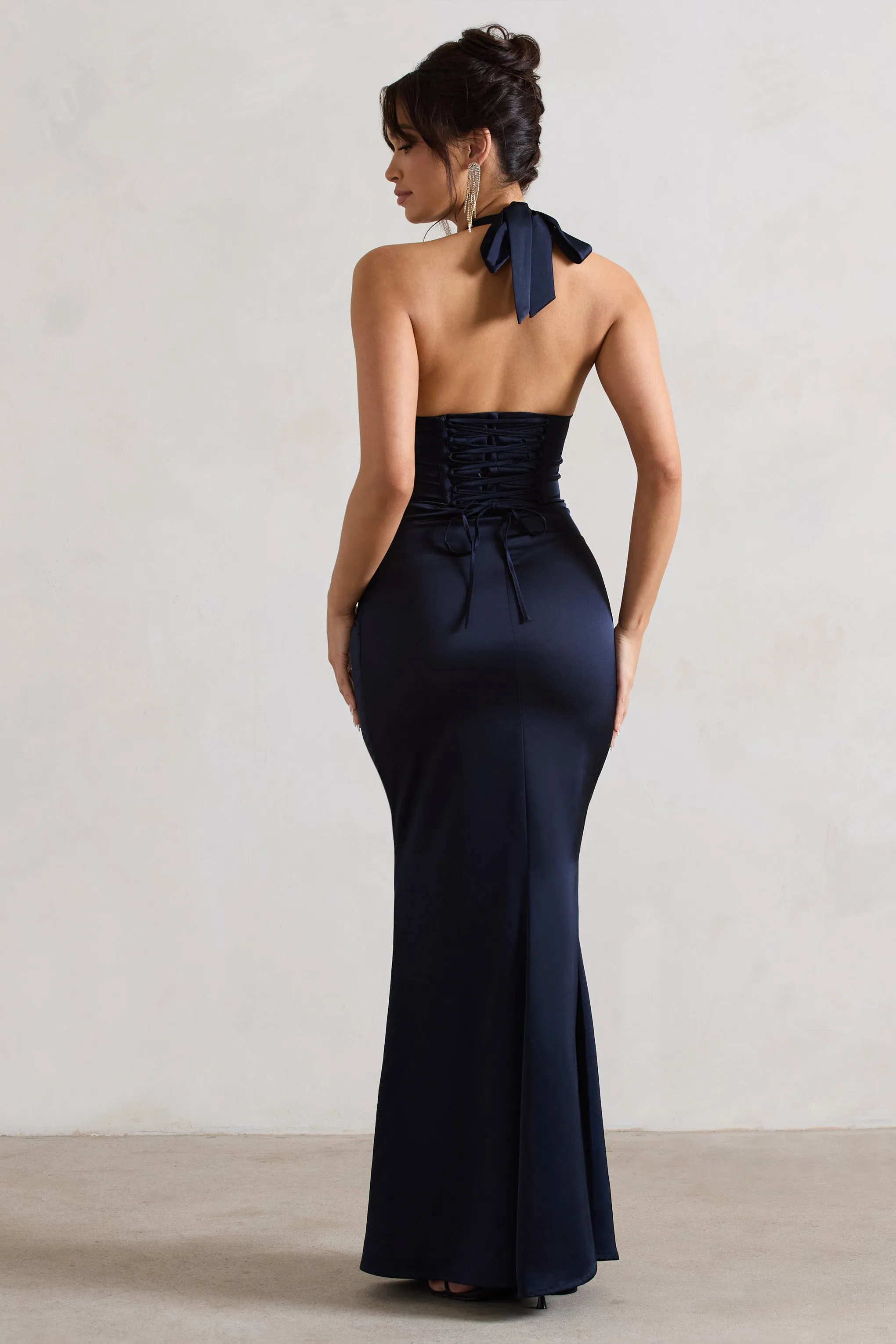 Sacha | Navy Satin Corset Style Maxi Dress With Wrap Skirt sold by Club L London product image thumbnail 2