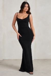 Corinne | Black Asymmetric Cowl Neck Backless Maxi Dress sold by Club L London