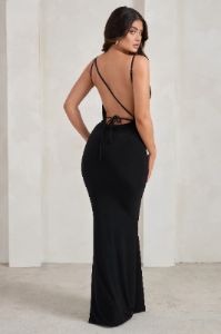 Corinne | Black Asymmetric Cowl Neck Backless Maxi Dress sold by Club L London