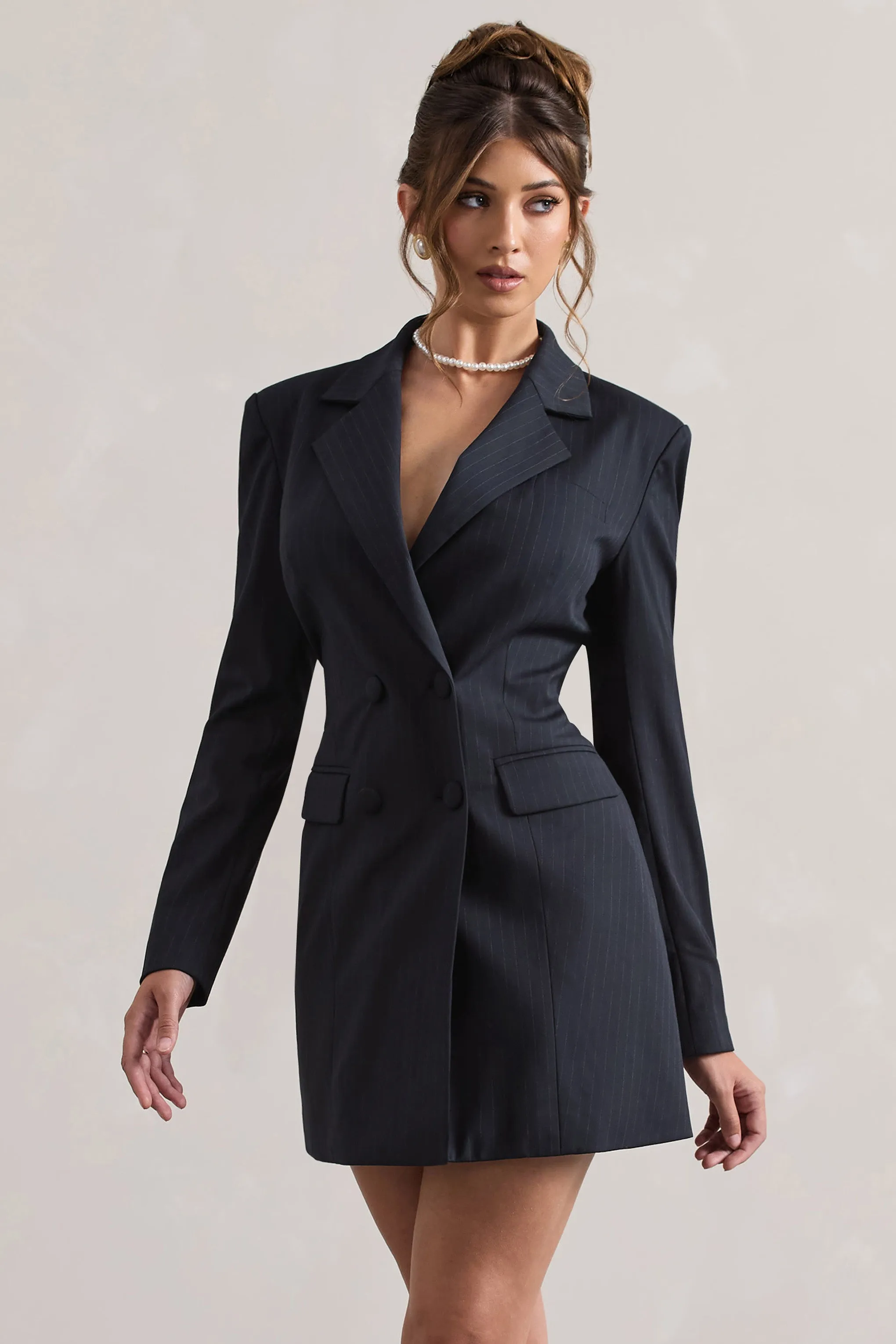 State Of Mind | Navy Pinstripe Tailored Blazer Mini Dress sold by Club L London
