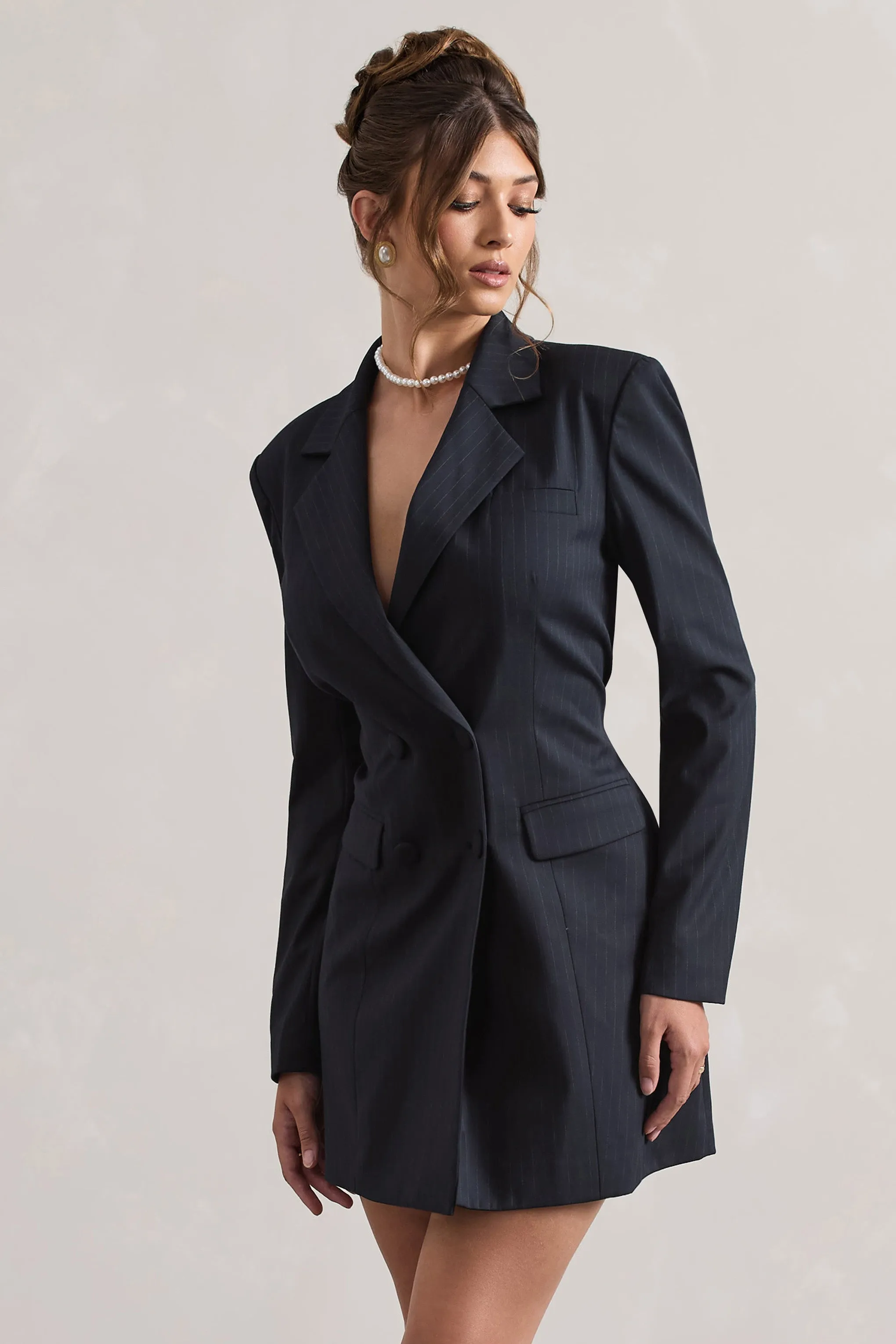 State Of Mind | Navy Pinstripe Tailored Blazer Mini Dress sold by Club L London product image thumbnail 5