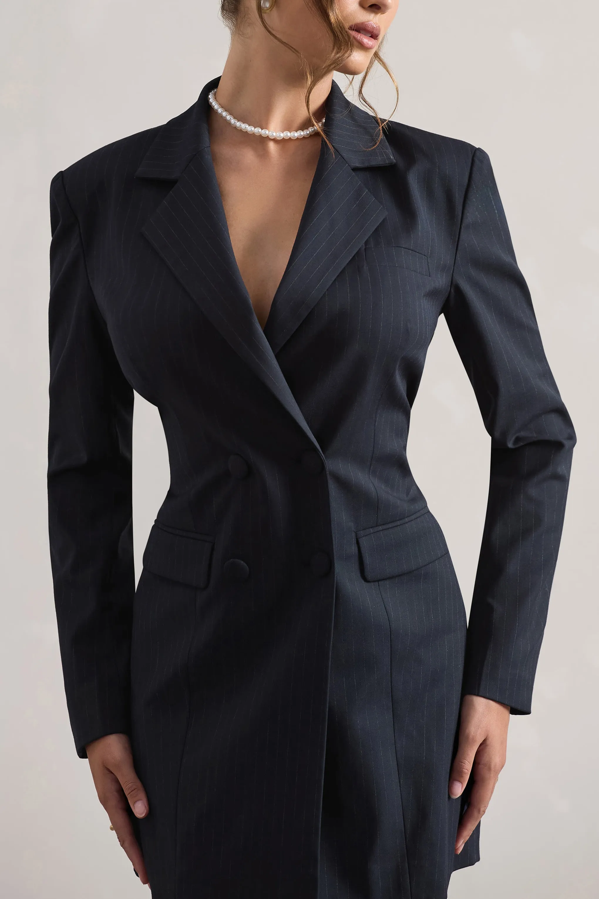 State Of Mind | Navy Pinstripe Tailored Blazer Mini Dress sold by Club L London product image thumbnail 4