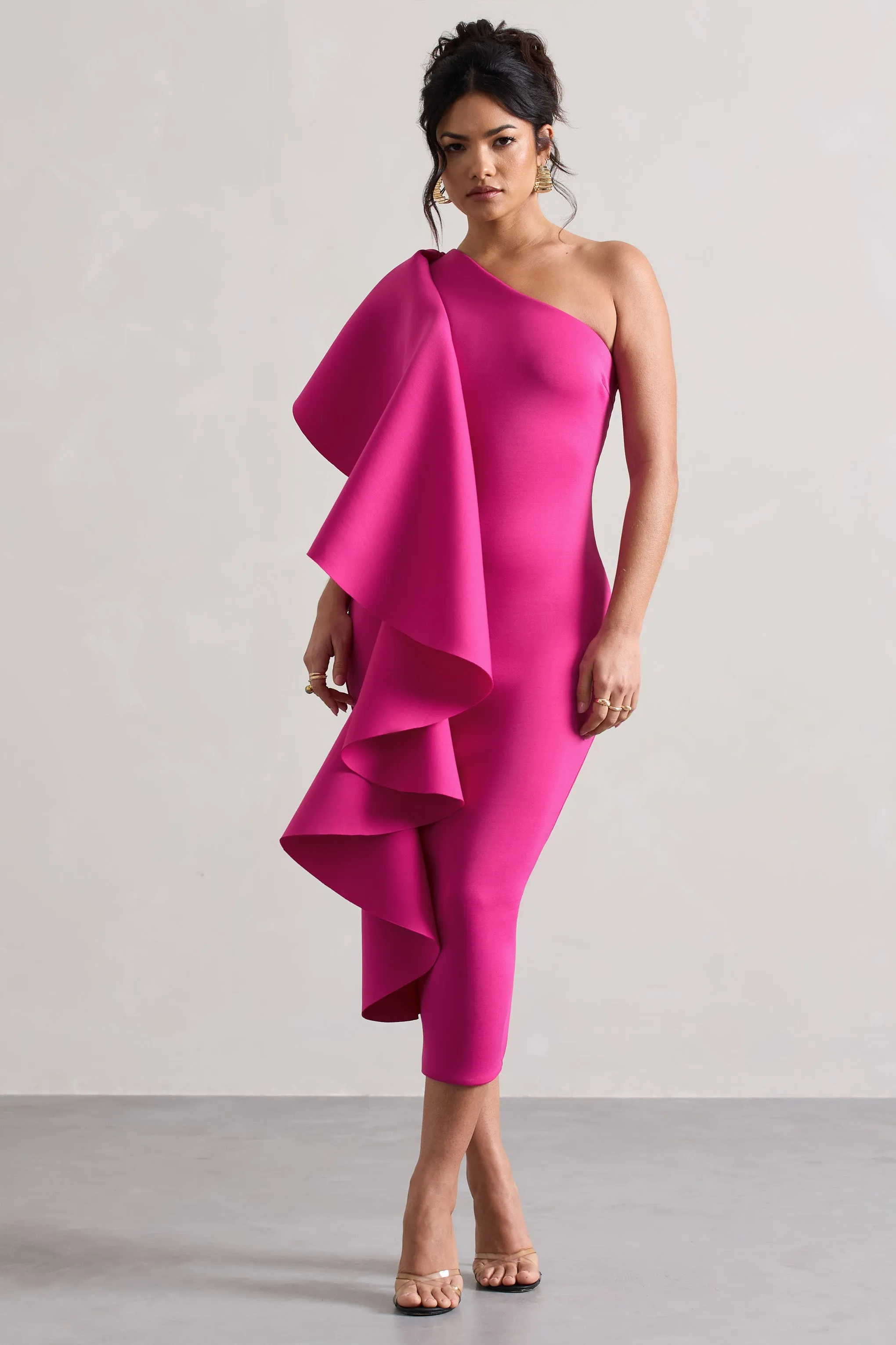 Polo | Dark Pink One Shoulder Bodycon Midi Dress With Ruffle sold by Club L London product image thumbnail 4
