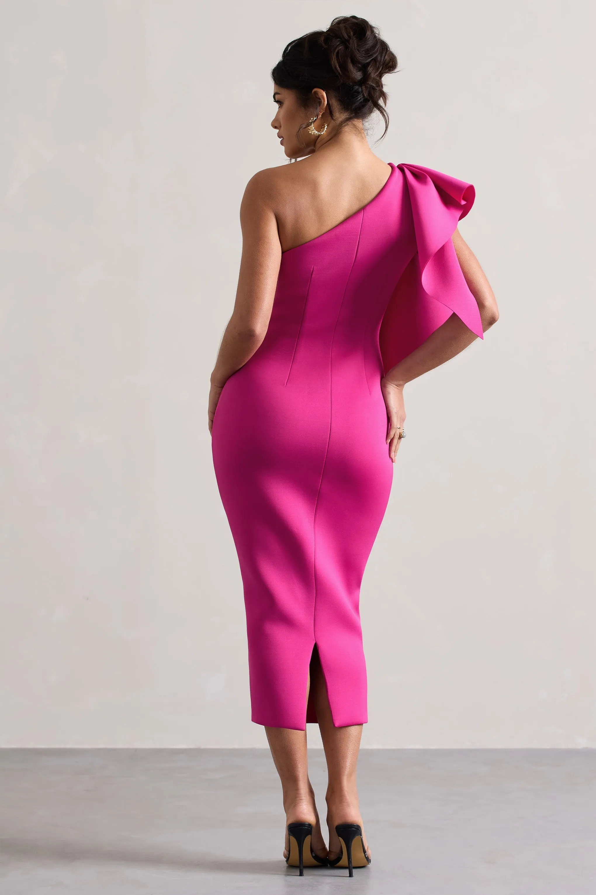 Polo | Dark Pink One Shoulder Bodycon Midi Dress With Ruffle sold by Club L London product image thumbnail 2
