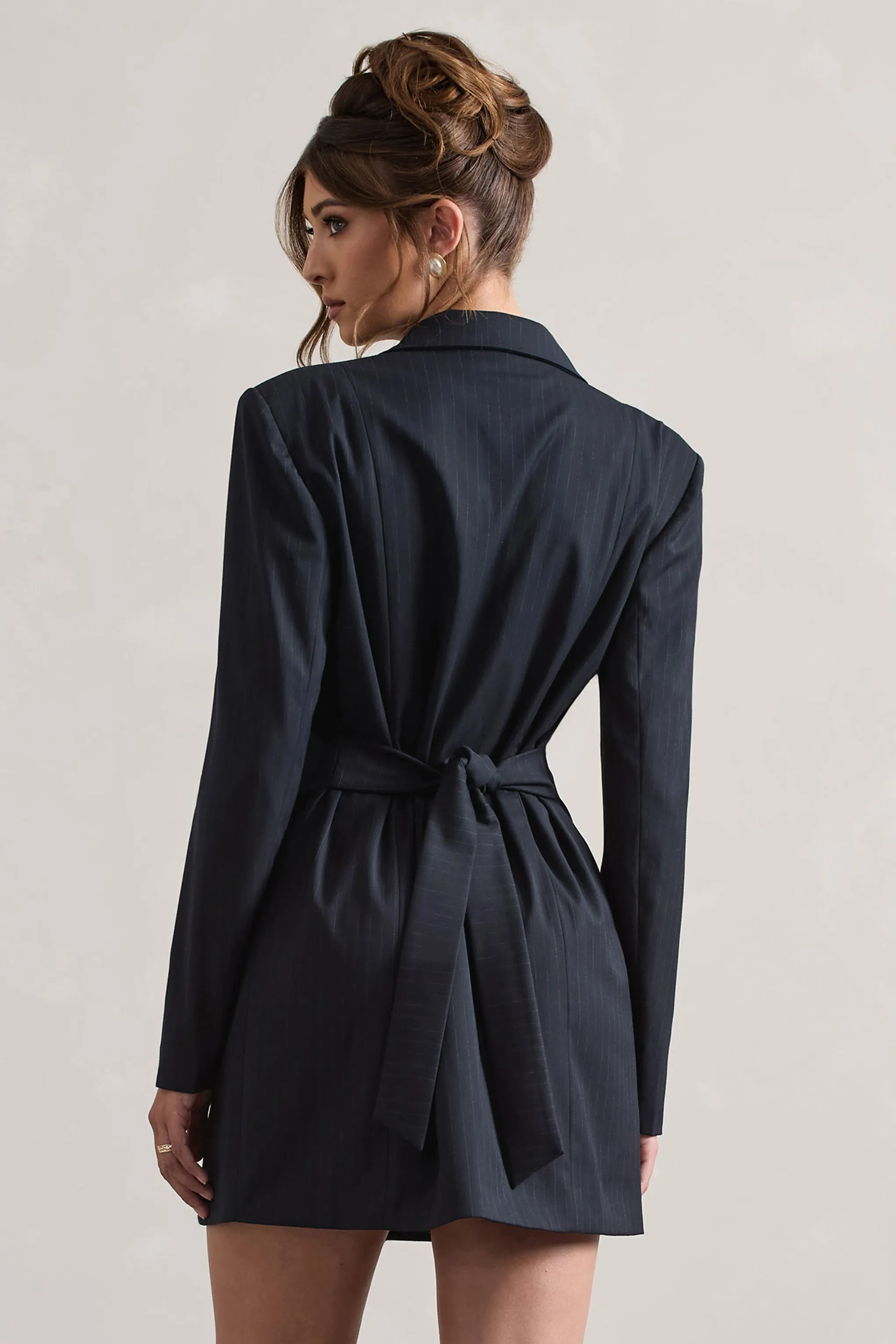 State Of Mind | Navy Pinstripe Tailored Blazer Mini Dress sold by Club L London product image thumbnail 2