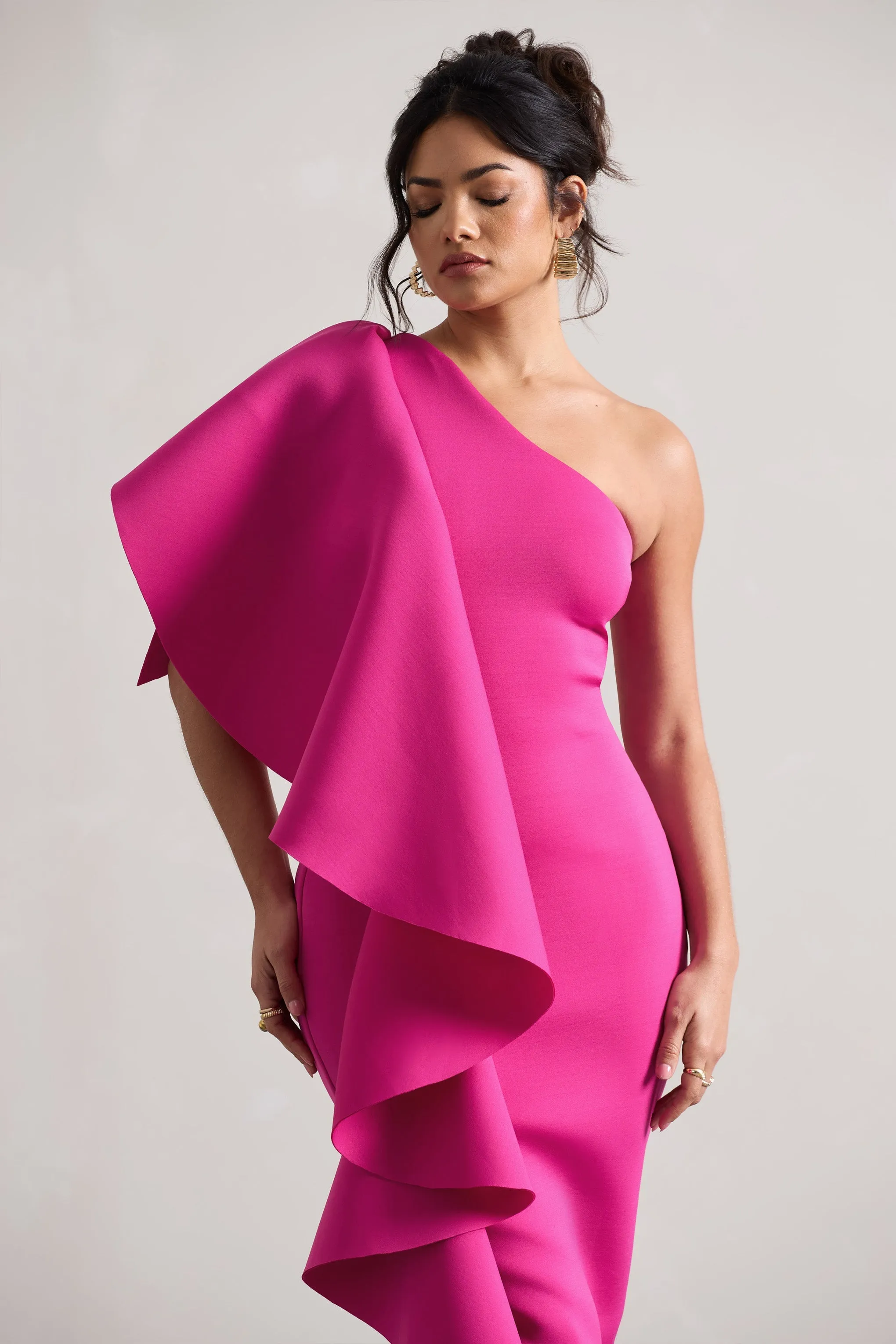 Polo | Dark Pink One Shoulder Bodycon Midi Dress With Ruffle sold by Club L London product image thumbnail 3