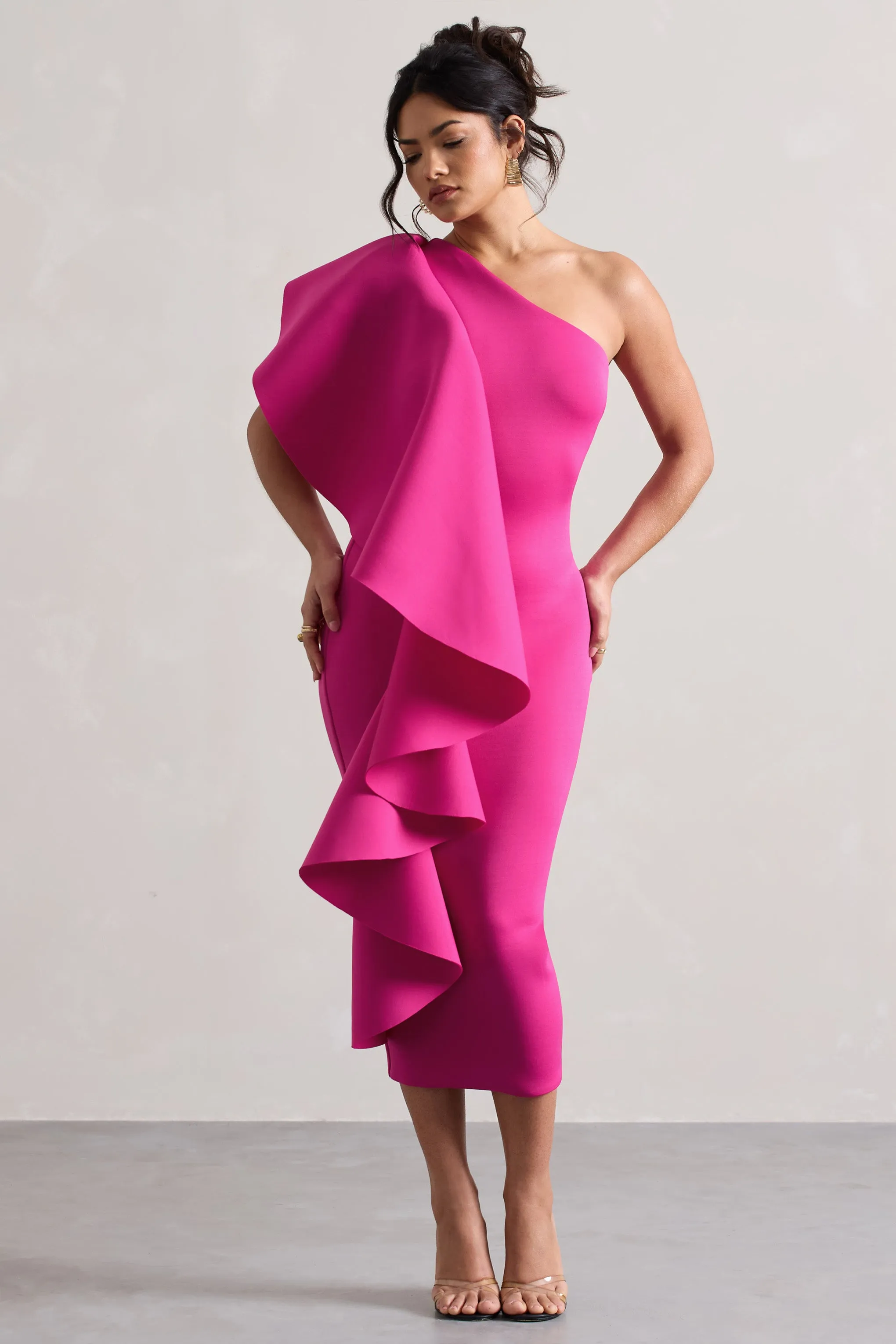 Polo | Dark Pink One Shoulder Bodycon Midi Dress With Ruffle sold by Club L London
