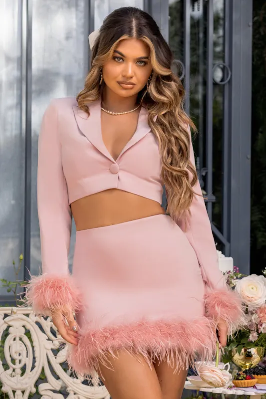 Tempting | Pink Cropped Blazer With Feather Trim On Sleeve Cuff sold by Club L London