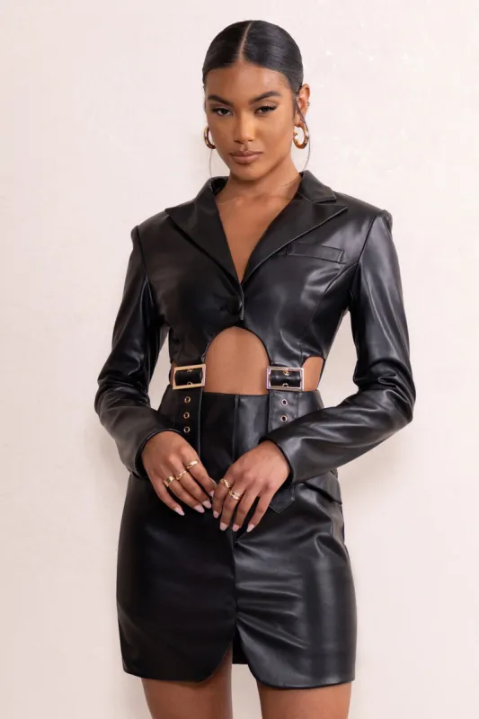 Eloise | Black Faux Leather Plunge Buckle Cut Out Detail Blazer Mini Dress sold by Club L London
