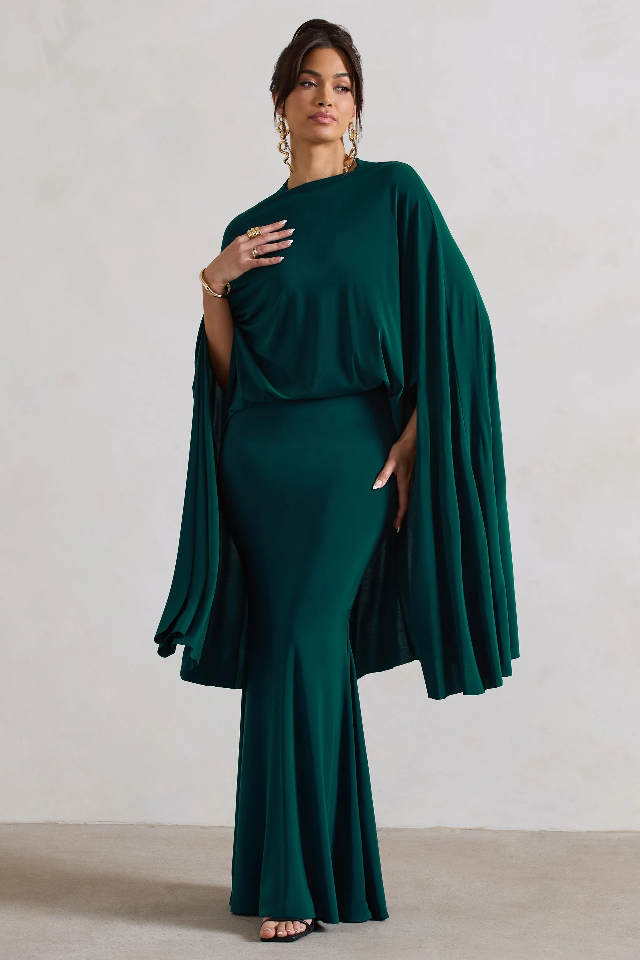 Charmaine | Bottle Green High-Neck Maxi Dress With Cape sold by Club L London